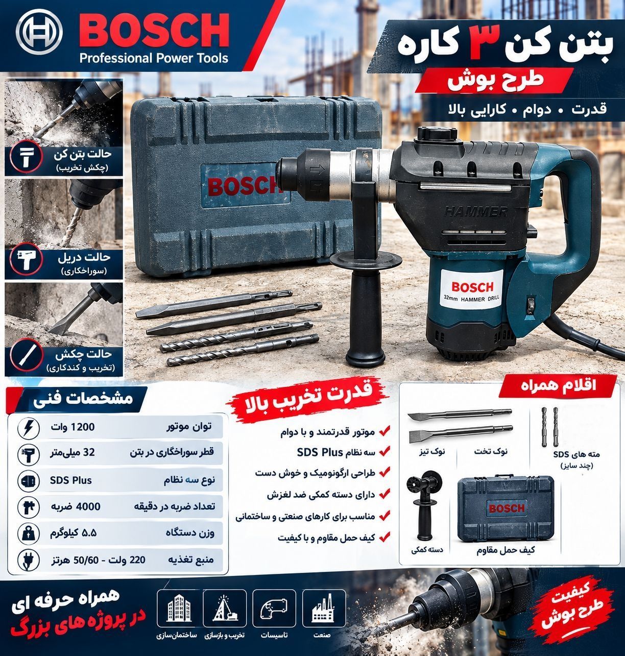 بتن کن 7 کیلویی سه کاره طرح بوش